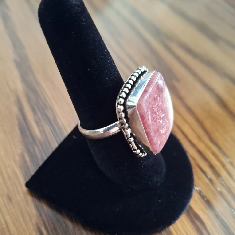 Ring Rhodochrosite Pink Square Stone Sterling Silver Adjustable Band Sizes 7-8-9